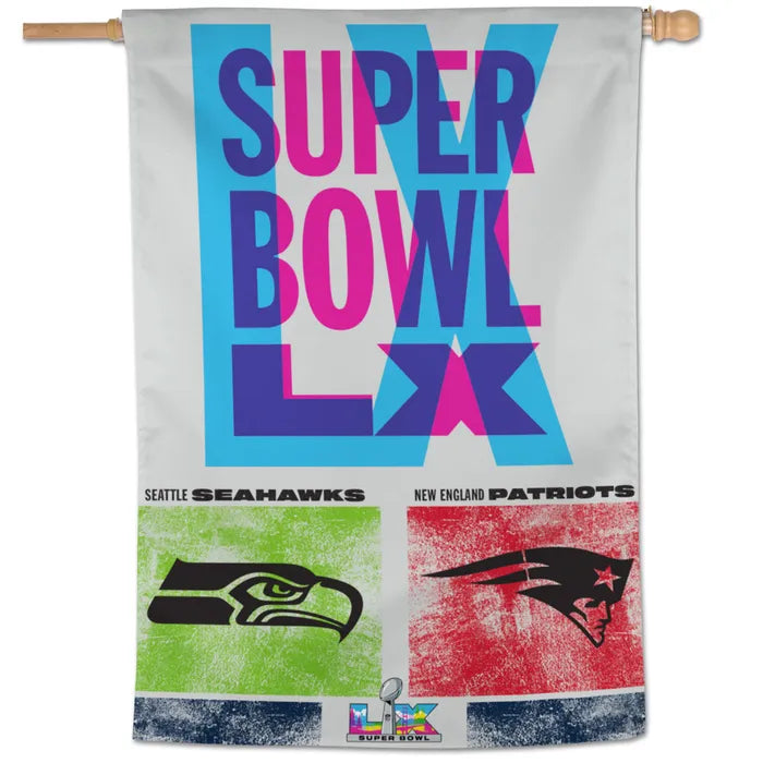 Seahawks vs Patriots Super Bowl LX Vertical Flag