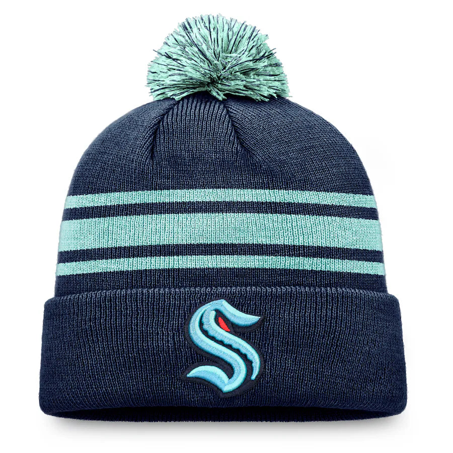 Kraken Authentic Pro Cuffed Stripe Pom Knit Beanie - Navy / Ice Blue