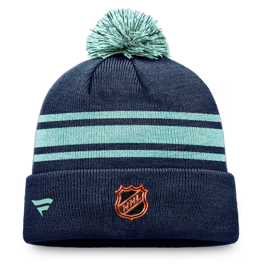 Kraken Authentic Pro Cuffed Stripe Pom Knit Beanie - Navy / Ice Blue