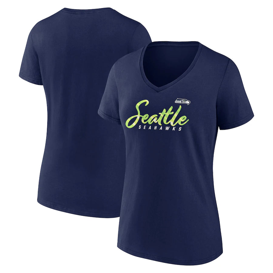Women's Seahawks Navy Script Logo V-Neck Tee