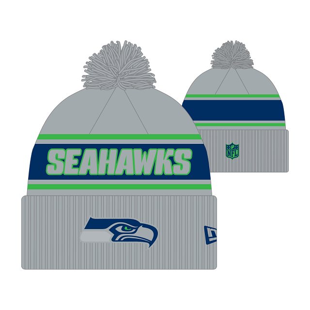 Seahawks 2024 Official Sideline Grey Cuffed Knit Pom Beanie