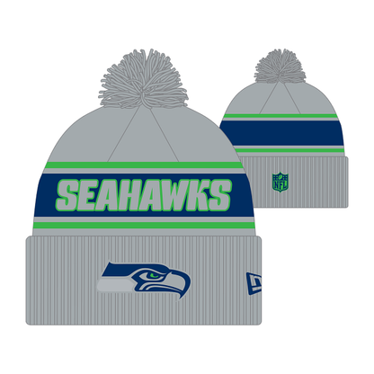 Seahawks 2024 Official Sideline Grey Cuffed Knit Pom Beanie