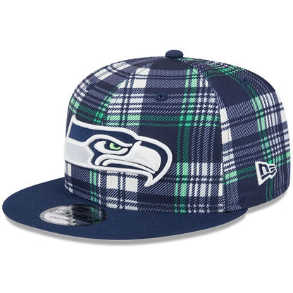 Seahawks 2024 Sideline Navy Plaid Snapback Hat