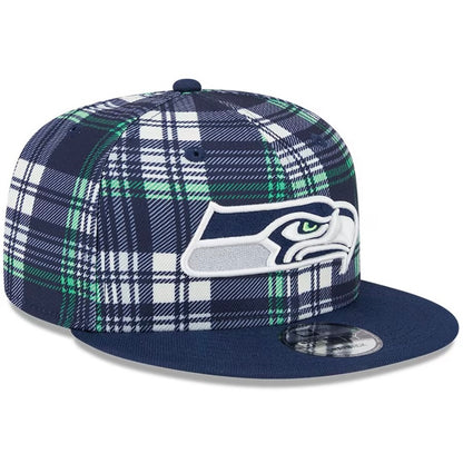 Seahawks 2024 Sideline Navy Plaid Snapback Hat