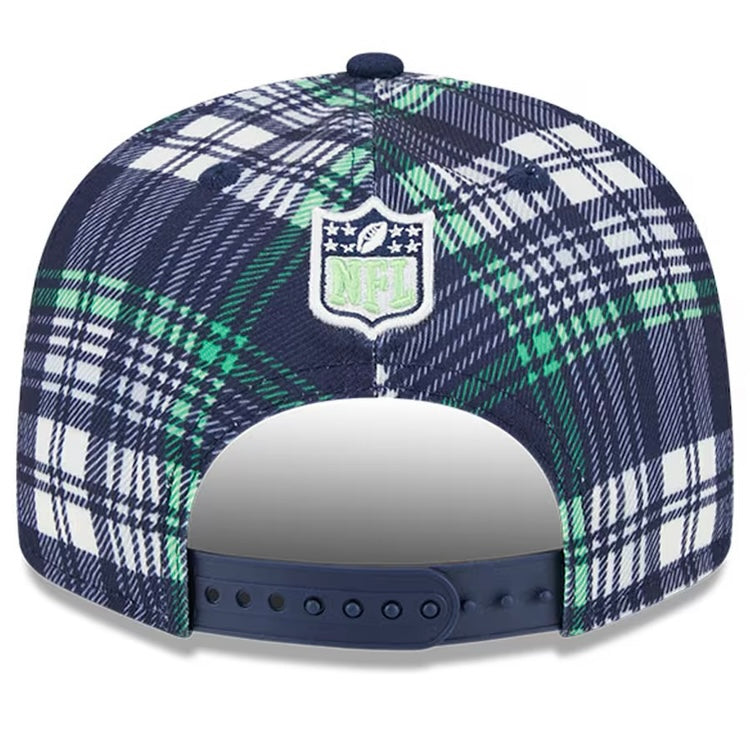 Seahawks 2024 Sideline Navy Plaid Snapback Hat