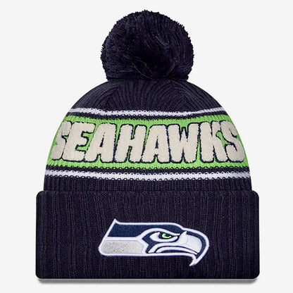 Seahawks 2024 Official Sideline Navy Cuffed Knit Pom Beanie