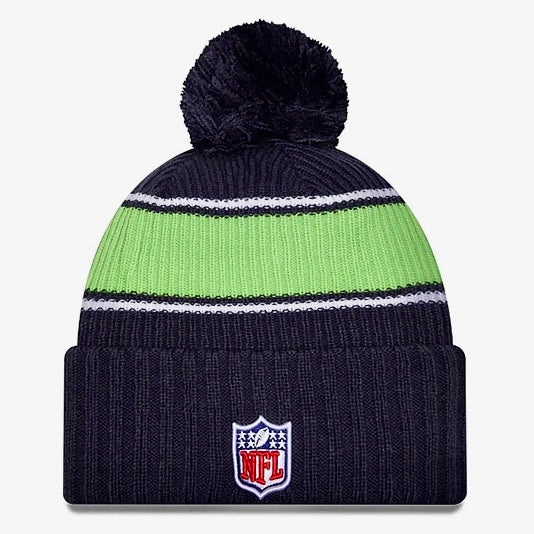 Seahawks 2024 Official Sideline Navy Cuffed Knit Pom Beanie