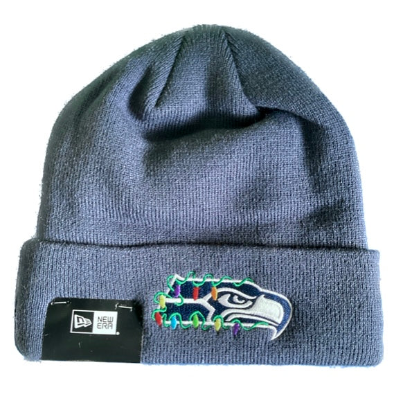 Seahawks Christmas Lights Cuffed Knit Navy Beanie