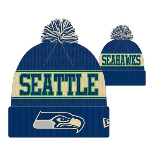 Seahawks Navy/White Cuffed Knit Pom Beanie