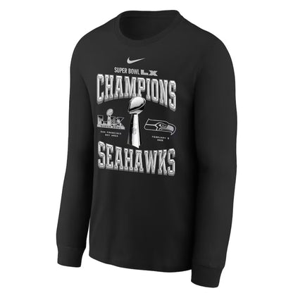 Youth Seahawks Super Bowl LX ChampionsTrophy Collection Black Long Sleeve Tee