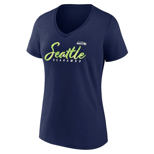 Women's Seahawks Navy Script Logo V-Neck Tee