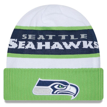 Seahawks 2023 Official Sideline Tech Cuffed Knit Beanie - White / Lime