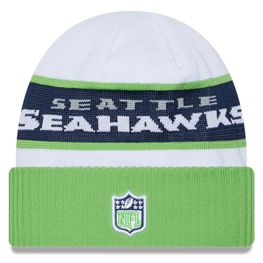 Seahawks 2023 Official Sideline Tech Cuffed Knit Beanie - White / Lime